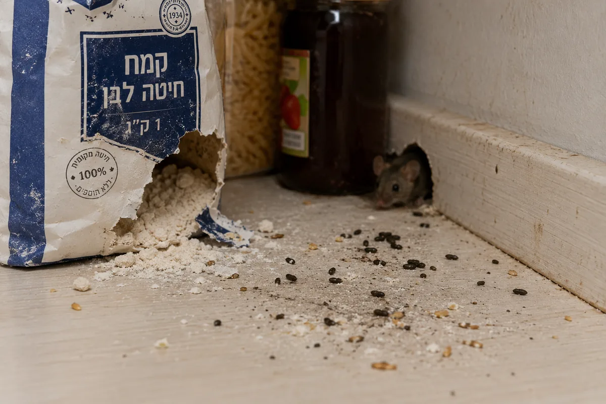נזק עכבר, גללים ונגיסה בקמח